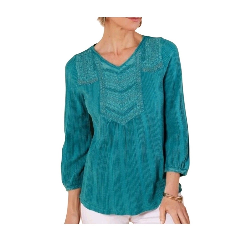 Soft Surroundings Teal Blue Embroidered Cotton Tunic Top Womens S, Boho Peasant